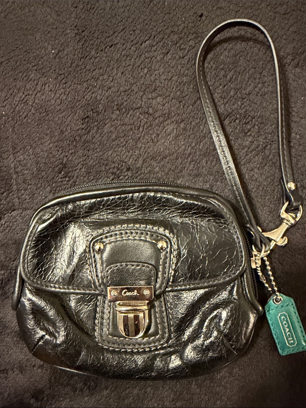 Coach Black Leather Wristlet with Teal Tag and Gold Hardware
